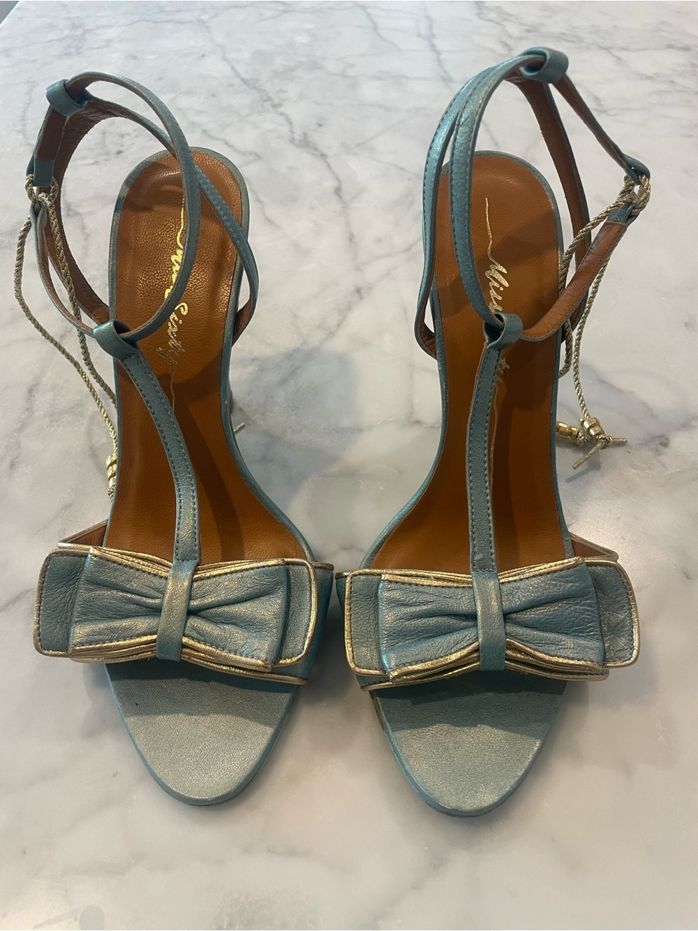 GORGEOUS Y2K Miss Sixty Teal Bow Ankle-Strap Sandals